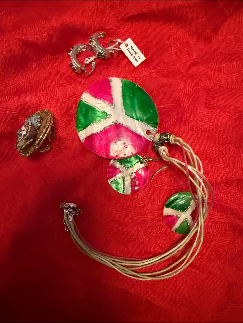 Vintage Pink & Green Pendant Necklace and Earrings Set